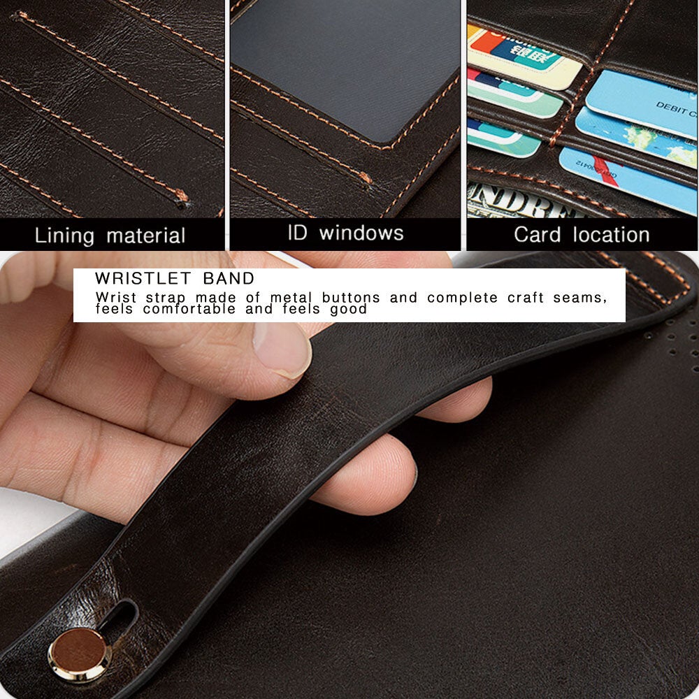 Men Genuine Leather 11 Card Slot Holder Casual Business Wear Resistant Long Double Zipper Coin Purse Wallet