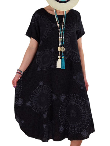 Women Tribal Print Round Neck Short Sleeve Vintage Dresses