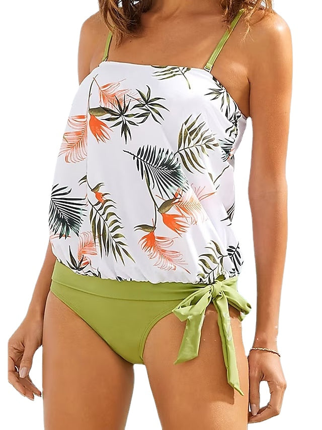 Women's Swimwear Tankini 2 Piece Normal Swimsuit 2 Piece Printing Leaf Black White Tank Top Bathing Suits Sports Beach Wear Summer