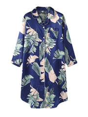 Women Leaf Print Ice Silk Chest Pocket Long Sleeve Sleepdress