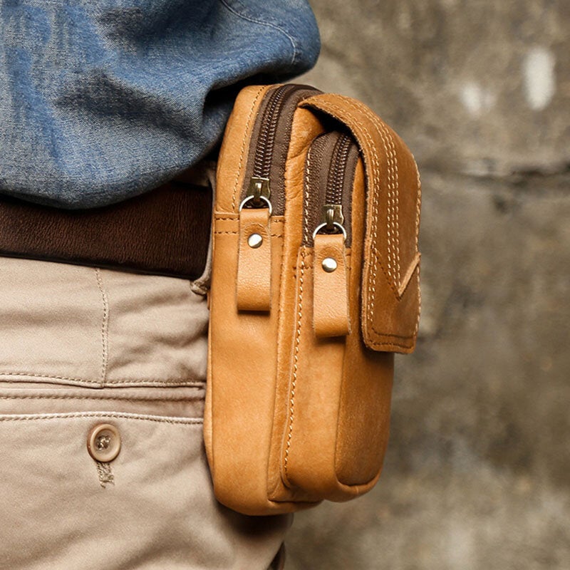 Men Soft Leather Double Layer 6.5 Inch Phone Bag Waist Retro Casual Wear Resistant Running Belt