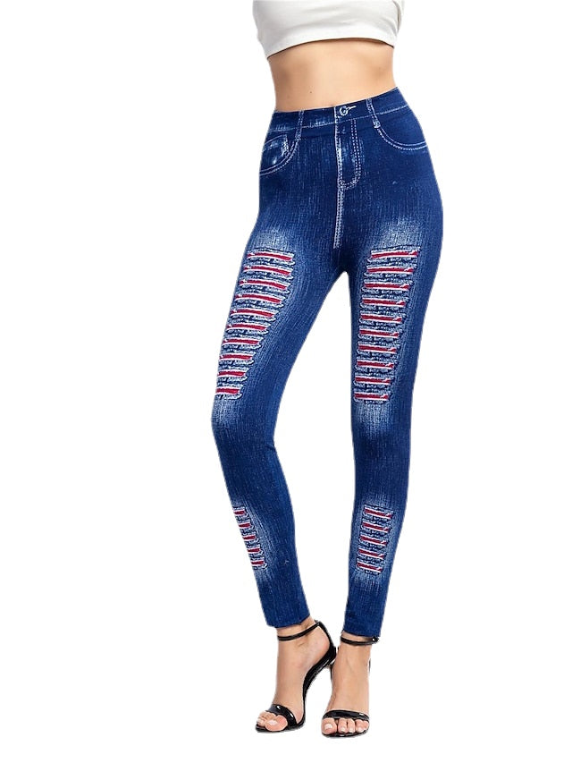 Women's Casual Print Elasticity Stripe Denim Pants