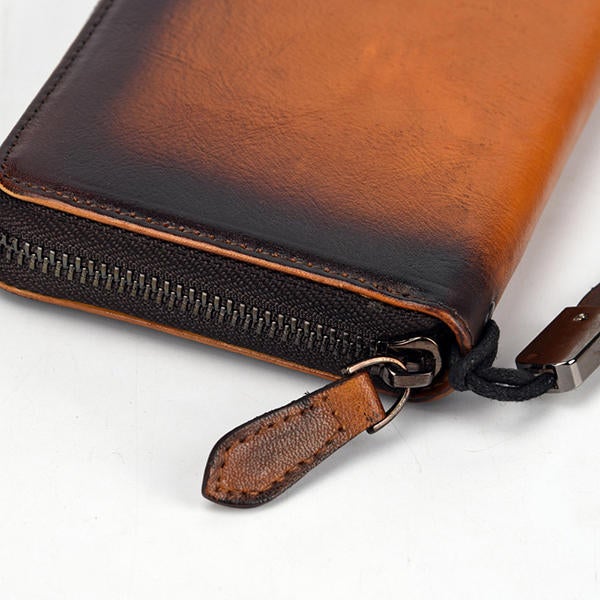 Men Genuine Leather Long Zipper Phone bag Wallet