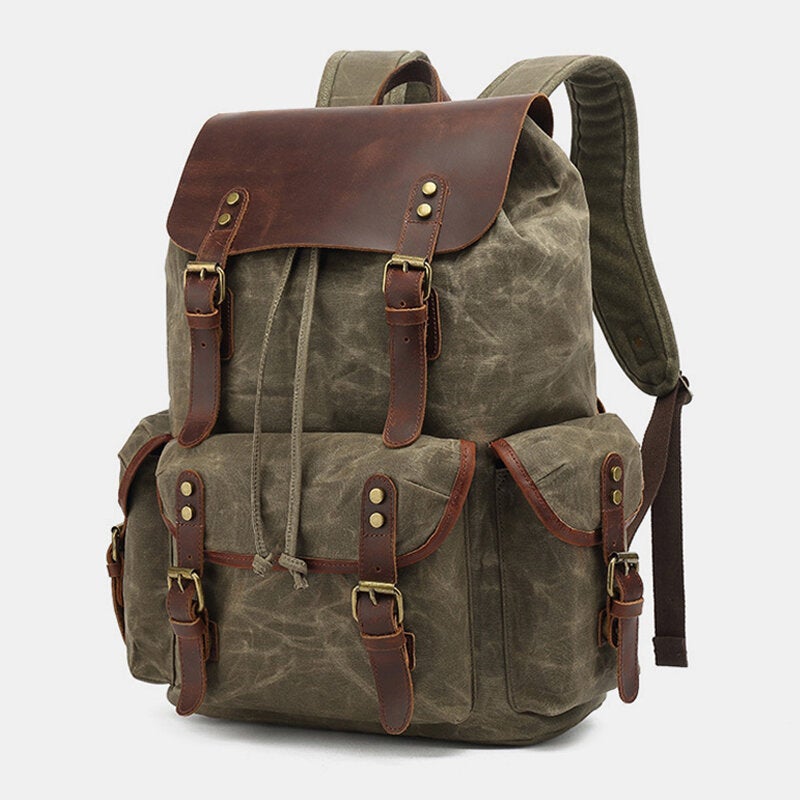 Men Oil Wax Canvas Casual Waterproof Multi-pocket Backpack Large Capacity 15.6 Inch Laptop Bag Shoulder Bag