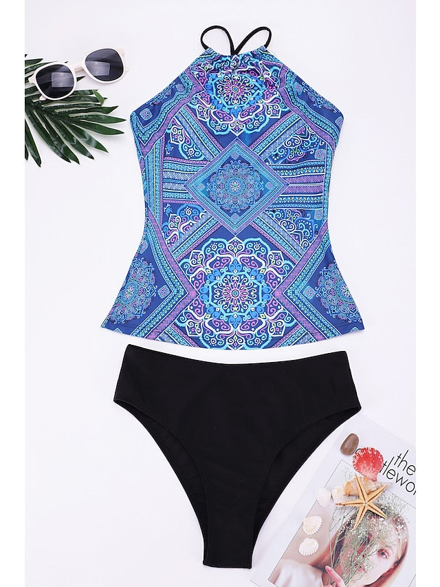 Women's Swimwear Tankini Beach Top Normal Swimsuit Modest Swimwear Open Back Print Cross Color Block Tribal Blue Halter Blouse Strap Bathing Suits New Party Vacation / Fashion / Stripe / Padded Bras