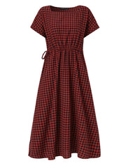 Women Squre Neck Plaid Calf Length Side Pockets Casual Midi Dresses