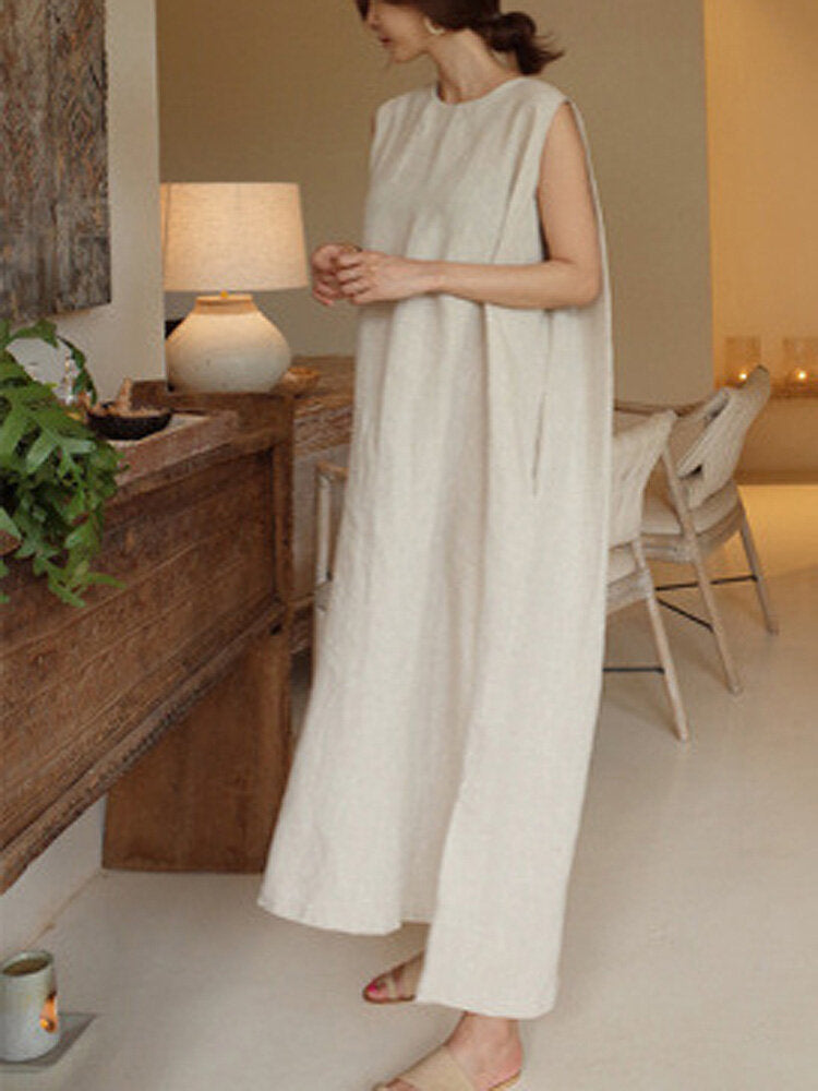 Women Solid Color Round Neck Sleeveless Loose Maxi Dresses