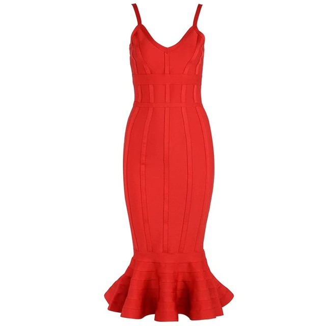Bandage Pink Spaghetti Strap Mermaid Vestidos Midi Dress - Sheseelady