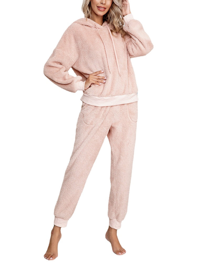 Women Soft Solid Color Hoodie Pocket Elastic Waist Jogger Pants Home Plush Pajama Set