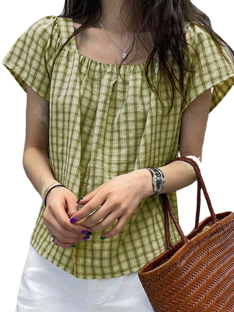 Plaid Square Collar Short Sleeve Casual Blouse