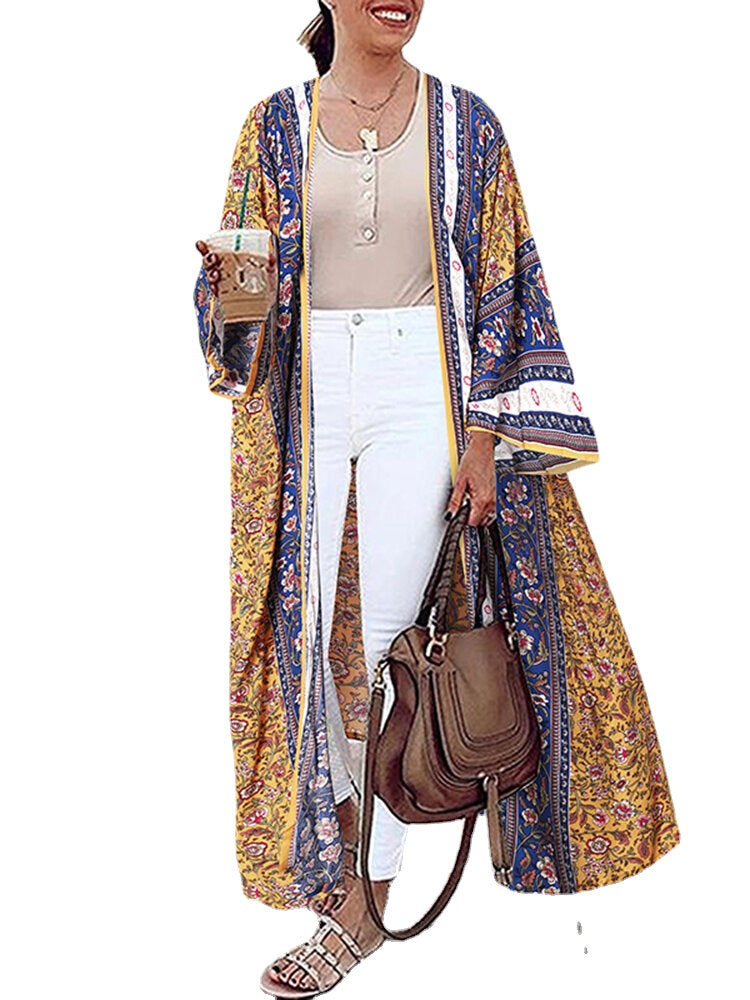 Bohemian Floral Print Loose Open Front Long Sleeve Cardigan