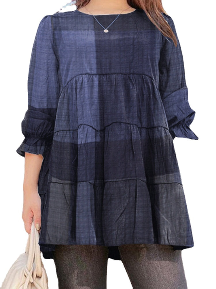 Women Plaid Puff Sleeve Loose Splicing O-neck Pleated Plain Casual Blouses