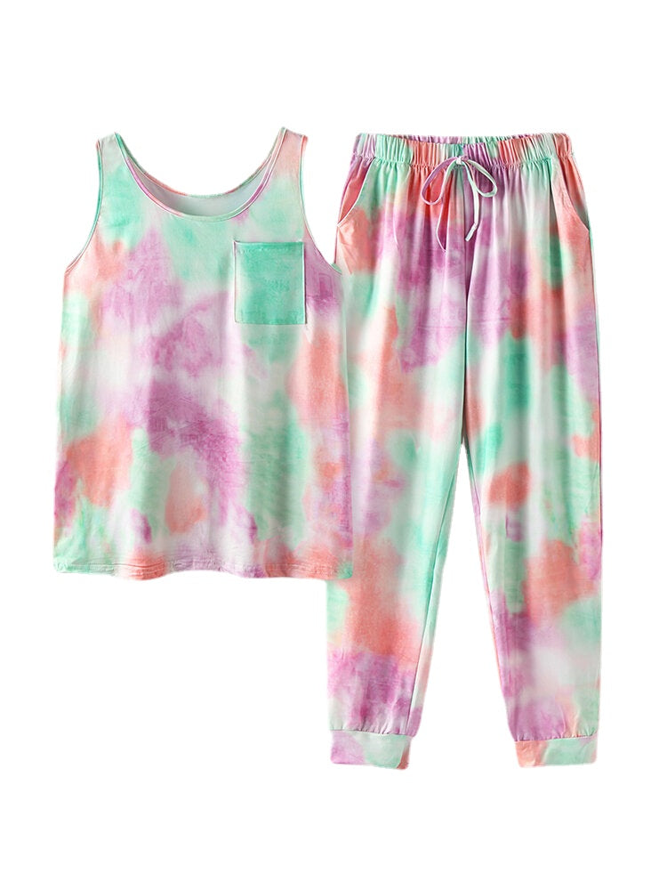 Tie Dye Print Sports Loungewear Set Tank Top Beam Feet Sleeveless Two-Piece Set