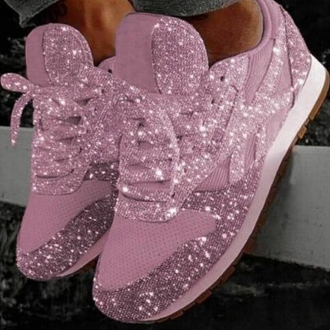 Women's Sequin Glitter Lace Up Athletic Sneakers Rhinestones Wedge Leisure Running Shoes