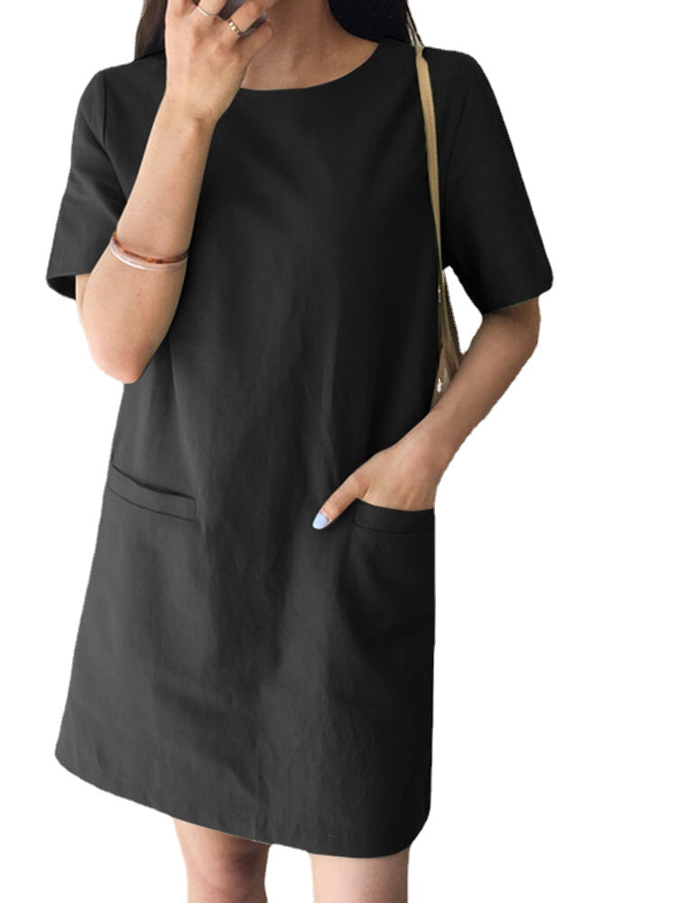 Solid Pocket Short Sleeve Casual Midi Dress