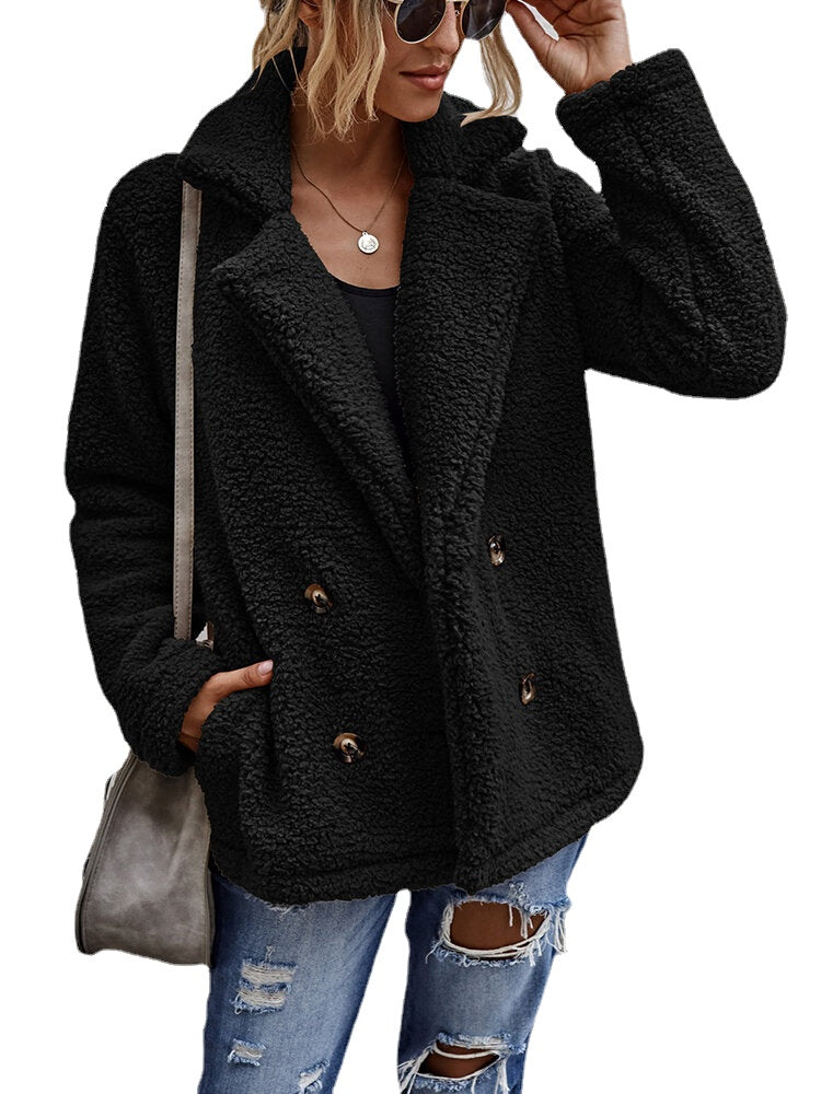 Women Solid Color Double Breasted Plush Warm Coat With Pocket