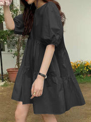 Summer Puff Sleeve Pleating Solid Loose Dress