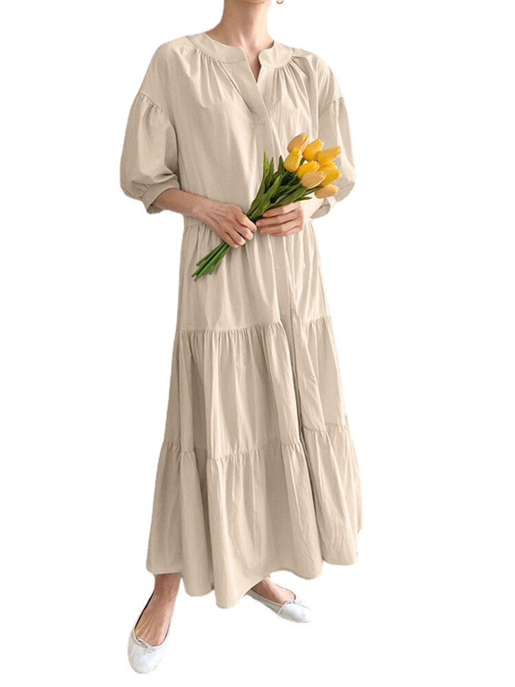 Solid Button Half Sleeve V-neck Loose Casual Maxi Dress