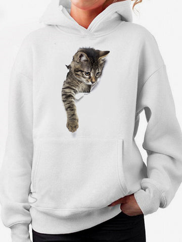 Women Cat Printed Long Sleeve Drawstring Hoodies With Pouch Pocket