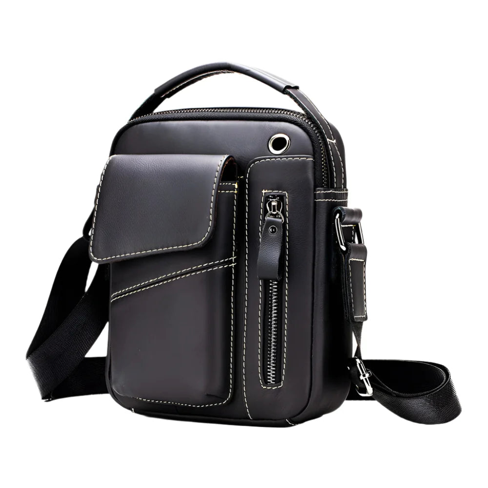 Men's Vintage Leather Crossbody Bag with Headphone Port & Multi-Pockets