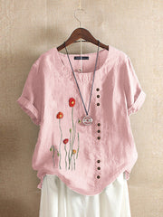 Flower Embroidered O-neck Short Sleeve Button T-shirts For Women