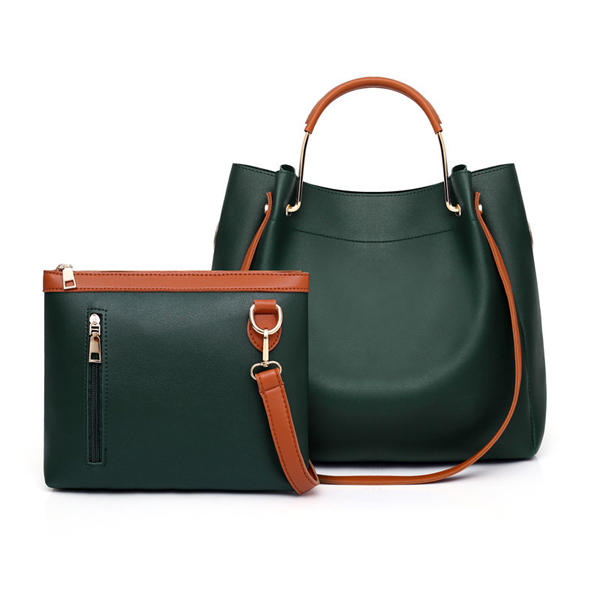 Women Leisure Faux Leather 2 Pcs Bucket Bag Crossbody Shoulder Handbag