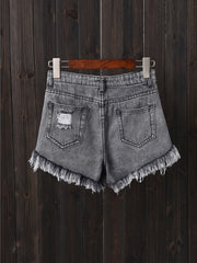 Women Button Up Pocket Loose Hollow Ripped Denim Shorts
