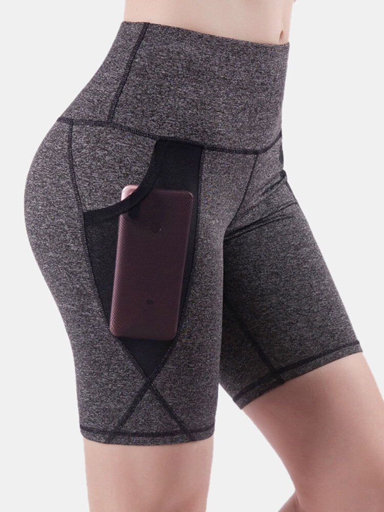 Women Dry Quickly Solid Color Sports High Waist Biker Shorts With Mesh Pockets
