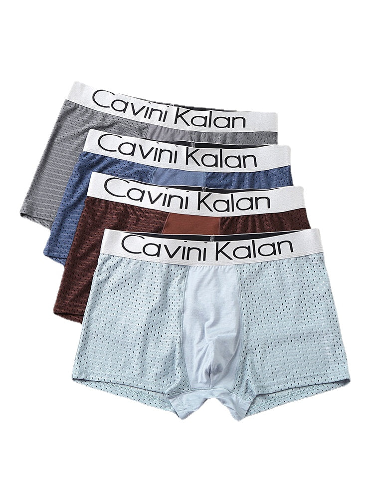 Mens Mesh Modal Breathable Thin Letter Elastic Waist 4Pcs Home Boxers Briefs