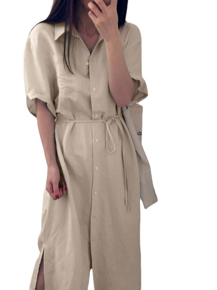 Solid Slit Half Sleeve Belt Lapel Button Down Shirt Dress