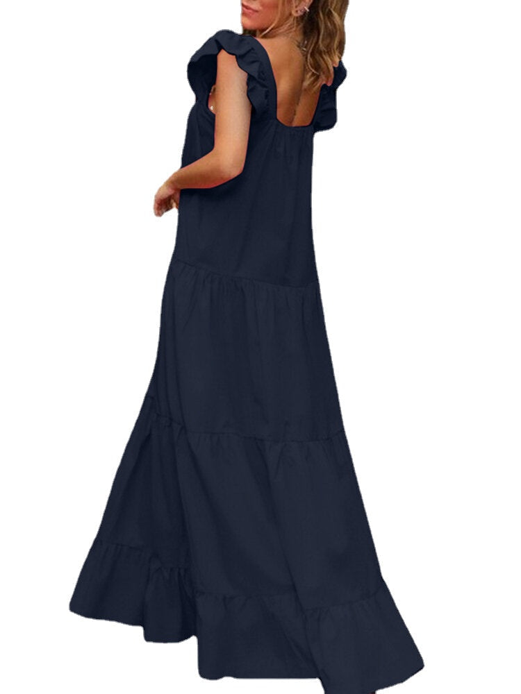 Solid Ruffle Backless Square Collar Casual Maxi Dress