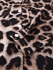 Women Leopard Print Lapel Long Sleeve Side Pockets Shirt Maxi Dress