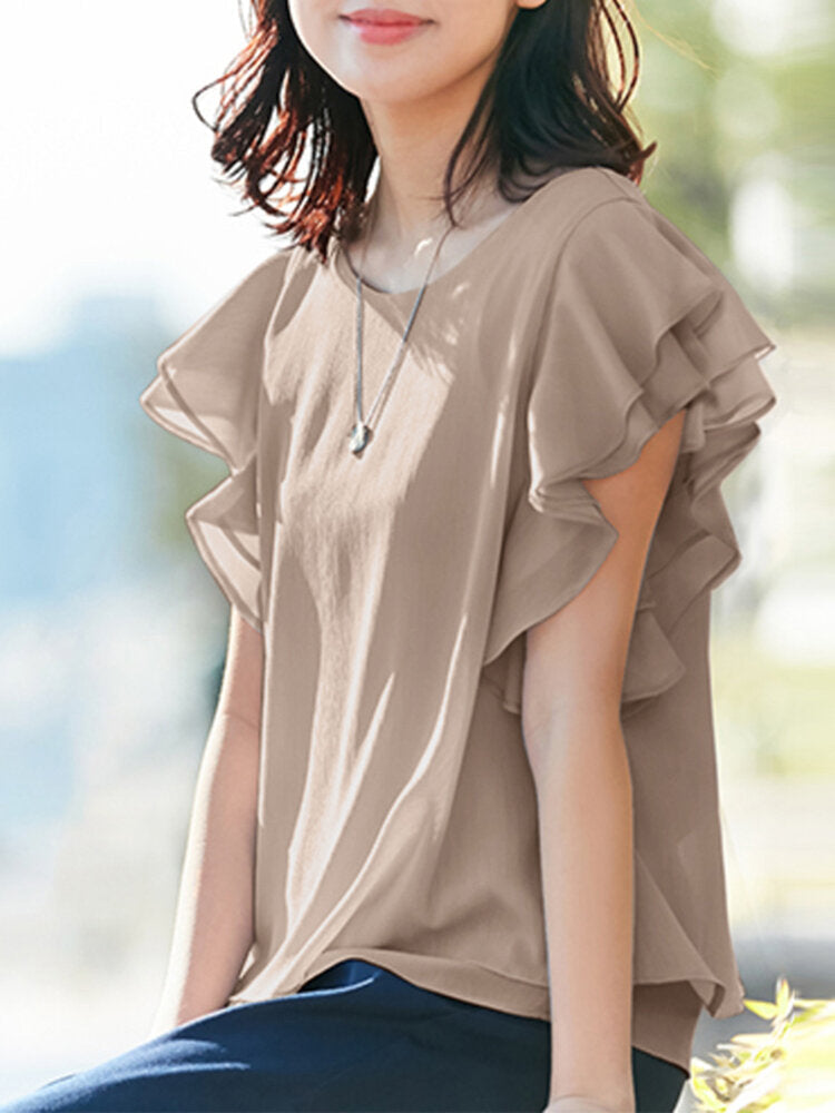 Solid Layered Ruffle Round Neck Casual Blouse