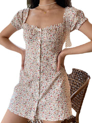 Floral Print Square Neck Button Short Sleeve Mini Dress