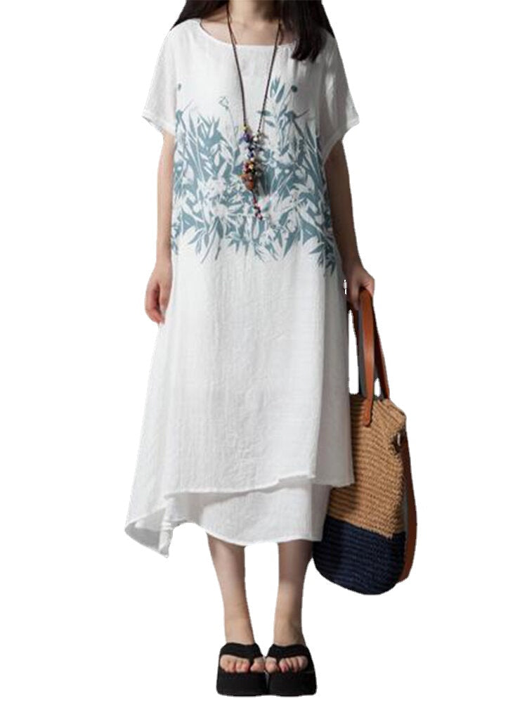Casual Women Short Sleeve O-Neck Printed Asymmetrical Hem Dress