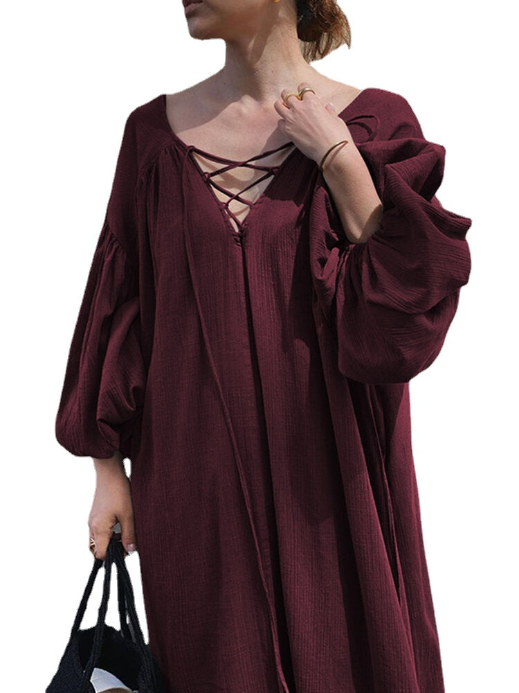 Women Solid Color V-Neck Tie Bubble Sleeves Pleated A-line Maxi Dresses