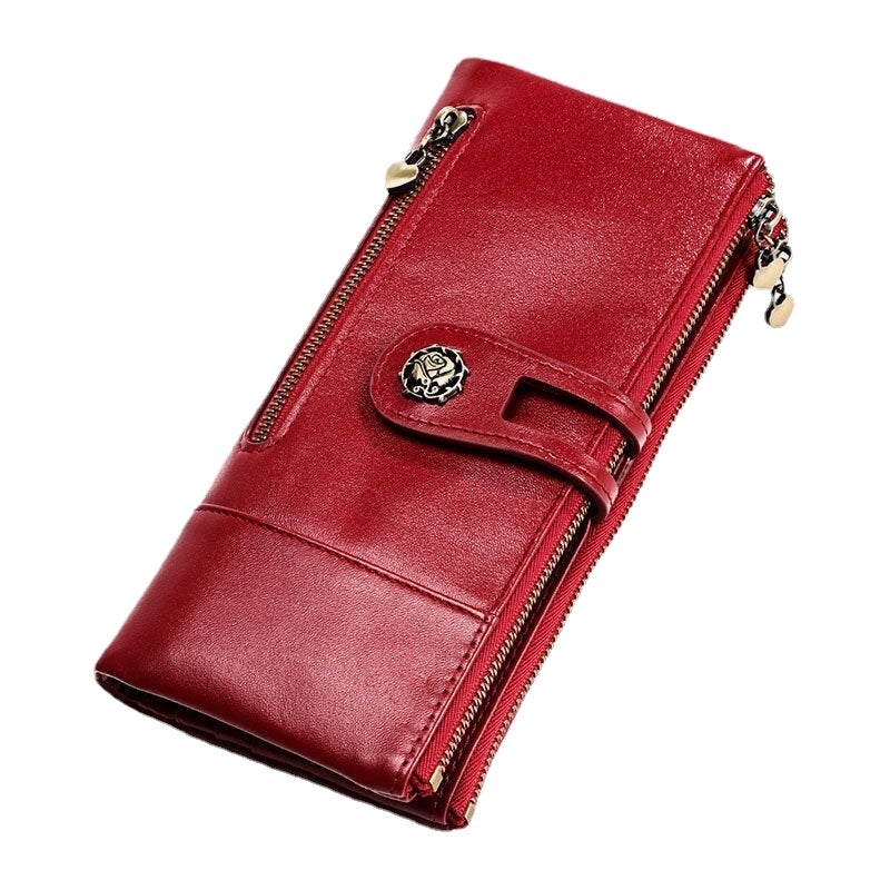 Women Genuine Leather Rfid Antimagnetic Multi-slots 14 Card Slots Zipper Bifold Long Wallet