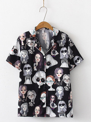 Figure Girl Print Buttons Short Sleeve Casual Blouse For Women