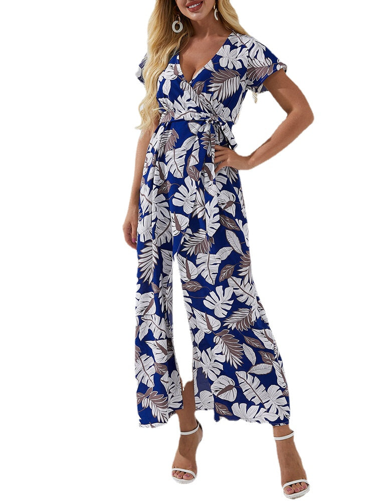 High Slit Tropical Print Belted Wrap V-neck Short Sleeves Maxi Dress