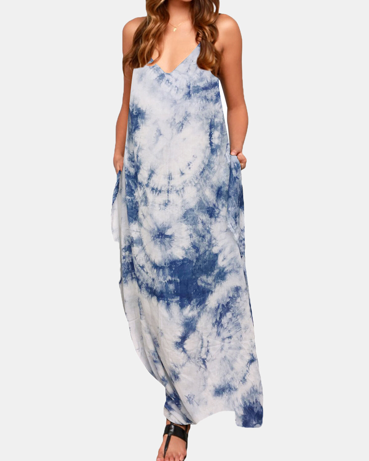 Tie Dye Print V-neck Strapless Sleeves Pocket Split Casual Maxi Dress For Women