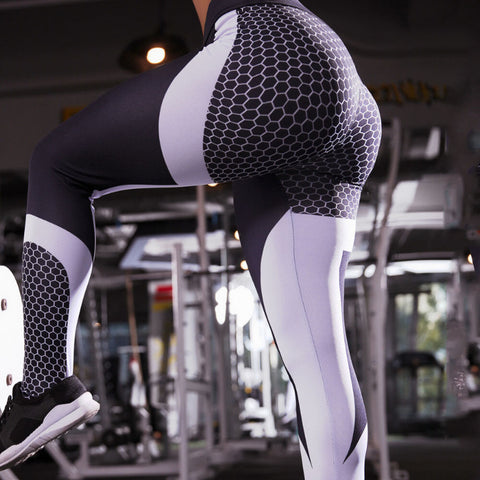 Women Yoga Pants Honeycomb Printed Elasticity Gym Pants Fitness Sport Girl Leggings