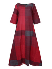 Women Plaid Printing Crew Neck 3/4 Sleeve Daily Loose Casual Maxi Dress