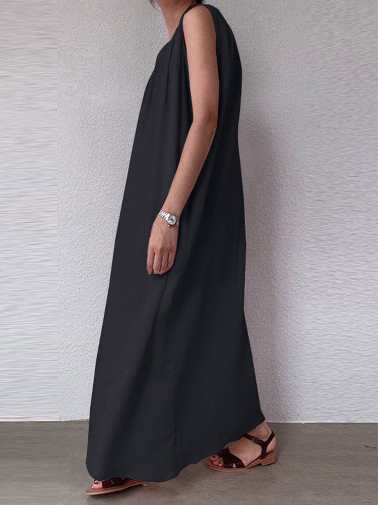 Solid Pocket Cotton Ruched Round Neck Sleeveless Maxi Dress