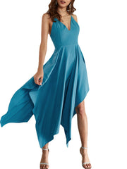 Backless V-neck Sleeveless Irregular Hem Back Cross Maxi Dress