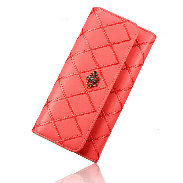 Women Quilted Crown Long Wallet Girls Candy Color Purse Card Holder Coin Bags