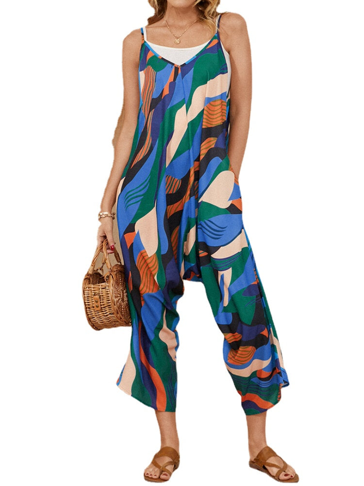 Multicolor Color Block Print Drawstring Pocket Strap Casual Jumpsuit