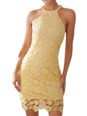 Yellow Halter Lace Hollow Out Bodycon Sleeveless Elegant Mini Dress