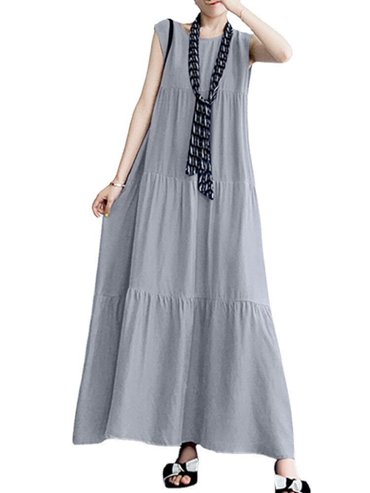 Solid Color O-neck Sleeveless Ruffles Hem Pleated Maxi Dress