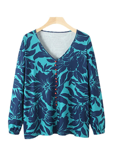 Plus Size Women Vintage Flower Print V-Neck Long Sleeve Holiday Casual Blouses
