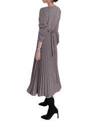 Solor Long Sleeve Round Neck Pleated Elegant Dress With Belt